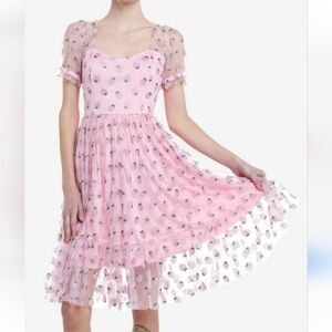 SWEET SOCIETY PINK DRESS STRAWBERRIES MESH PUFF SLEEVES SIZE LARGE RIBBON SASH